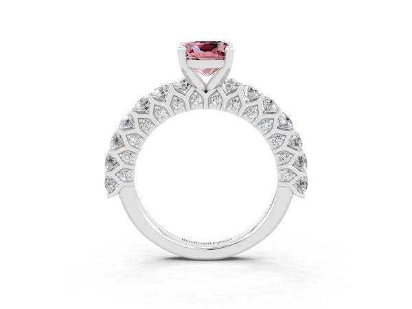Platinum Cushion Cut Morganite Solitaire Ring with Shared Prong Pavé Band and Four-Prong Setting