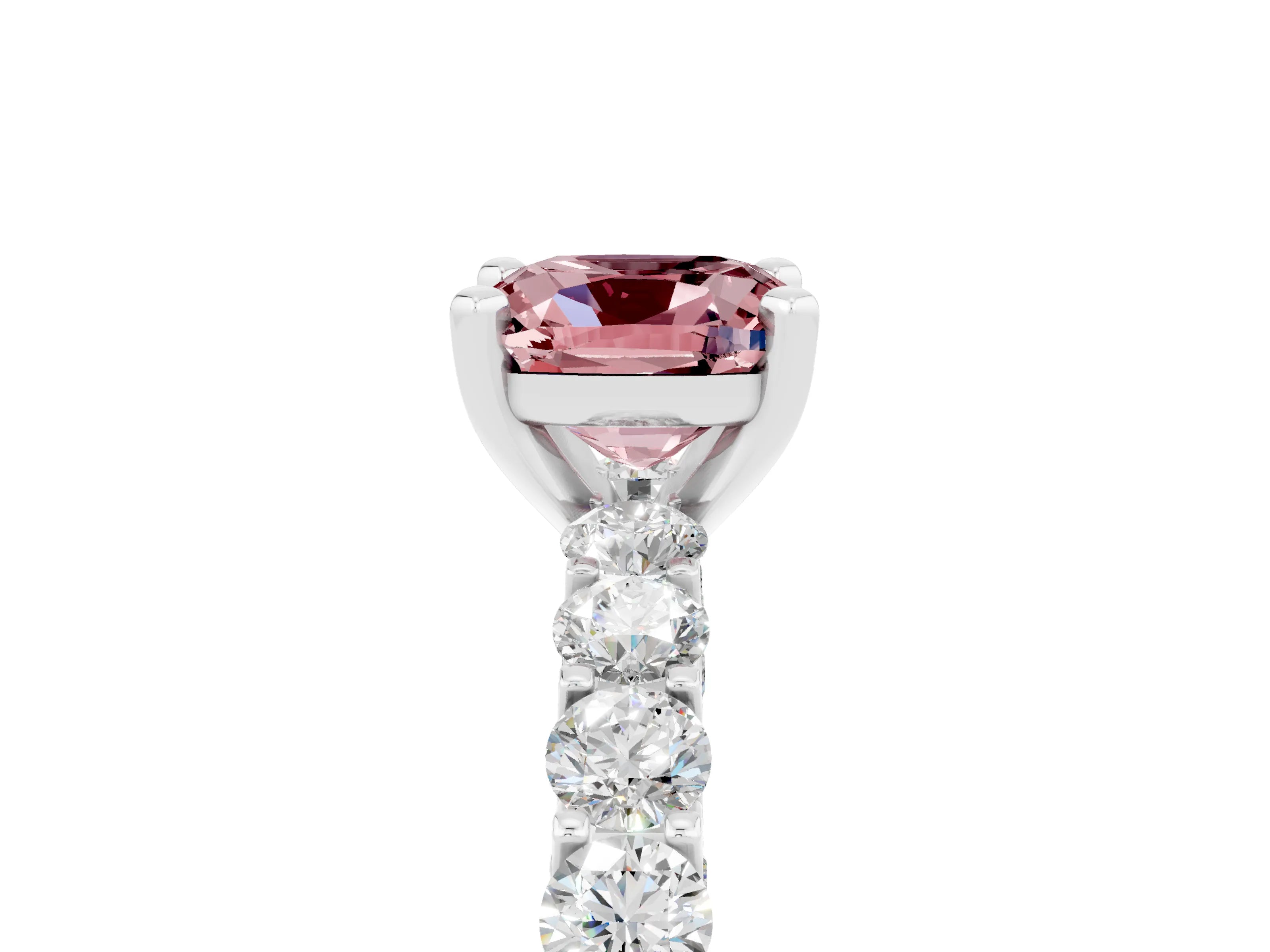 White gold Cushion Cut Morganite Solitaire Ring with Shared Prong Pavé Band and Four-Prong Setting_5