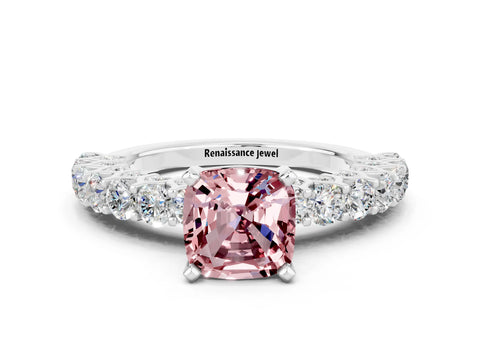 White gold Cushion Cut Morganite Solitaire Ring with Shared Prong Pavé Band and Four-Prong Setting