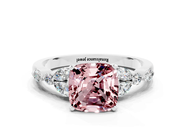 Platinum Cushion Cut Morganite Solitaire Ring with Side Stones and Four-Prong Setting