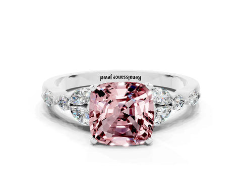 White gold Cushion Cut Morganite Solitaire Ring with Side Stones and Four-Prong Setting_12