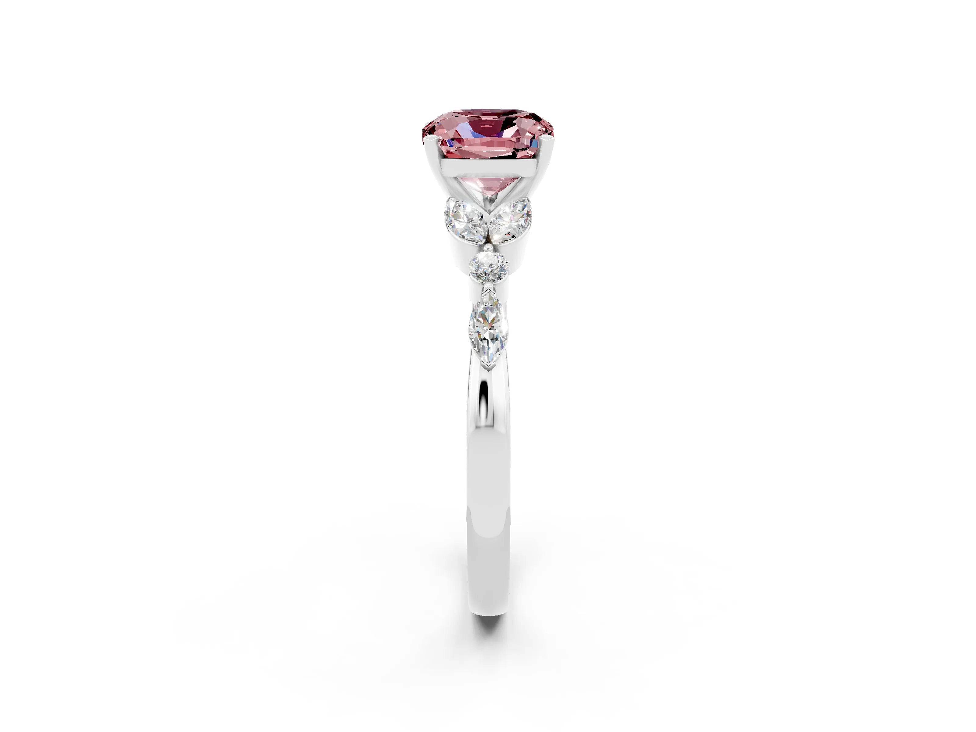 White gold Cushion Cut Morganite Solitaire Ring with Side Stones and Four-Prong Setting_14