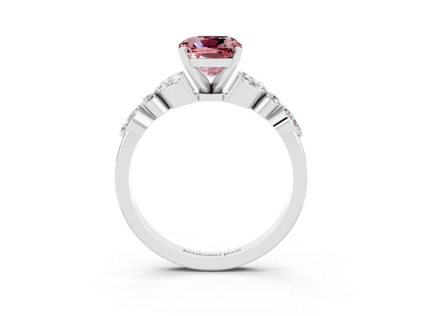 Platinum Cushion Cut Morganite Solitaire Ring with Side Stones and Four-Prong Setting