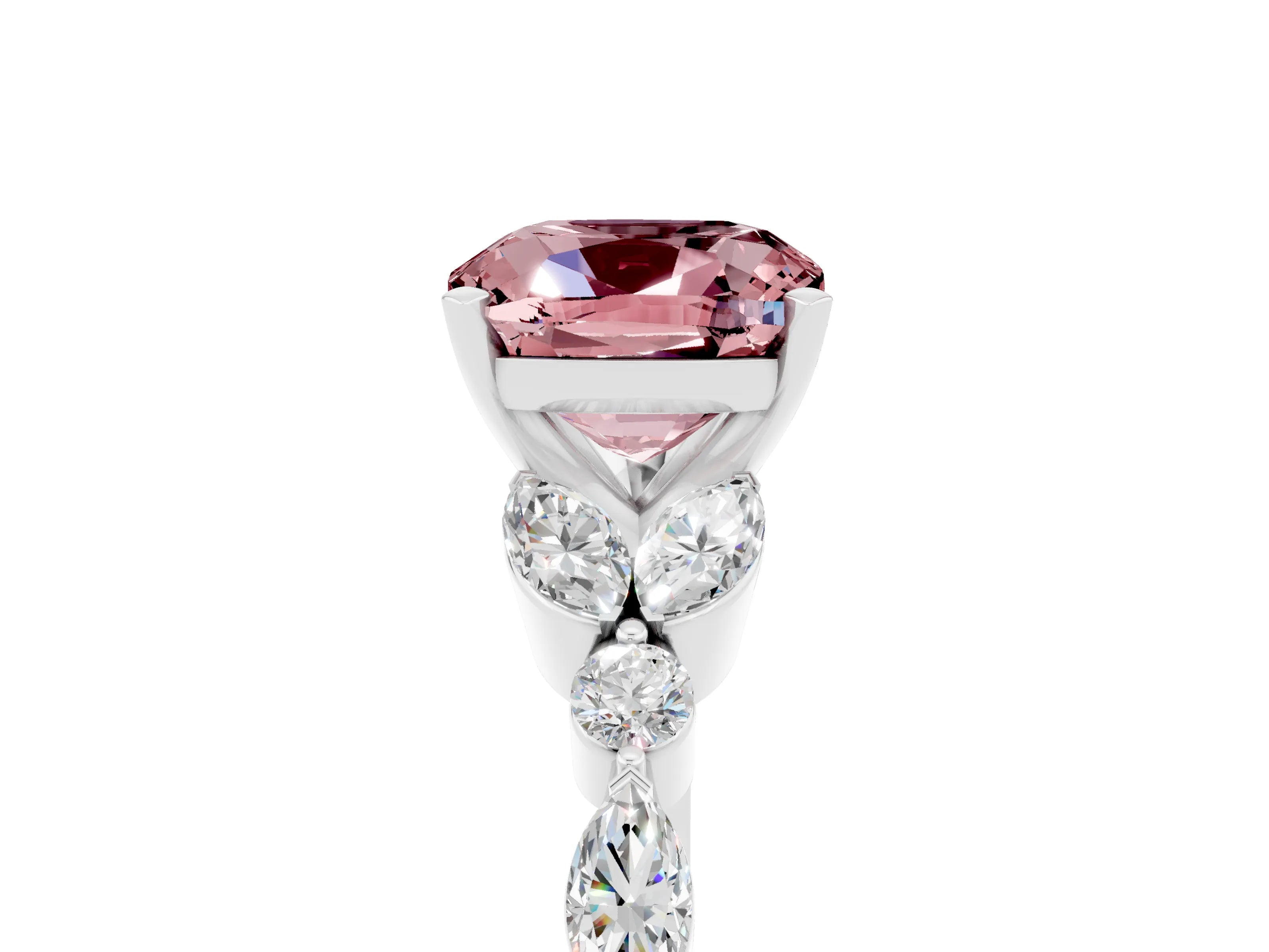 White gold Cushion Cut Morganite Solitaire Ring with Side Stones and Four-Prong Setting_17