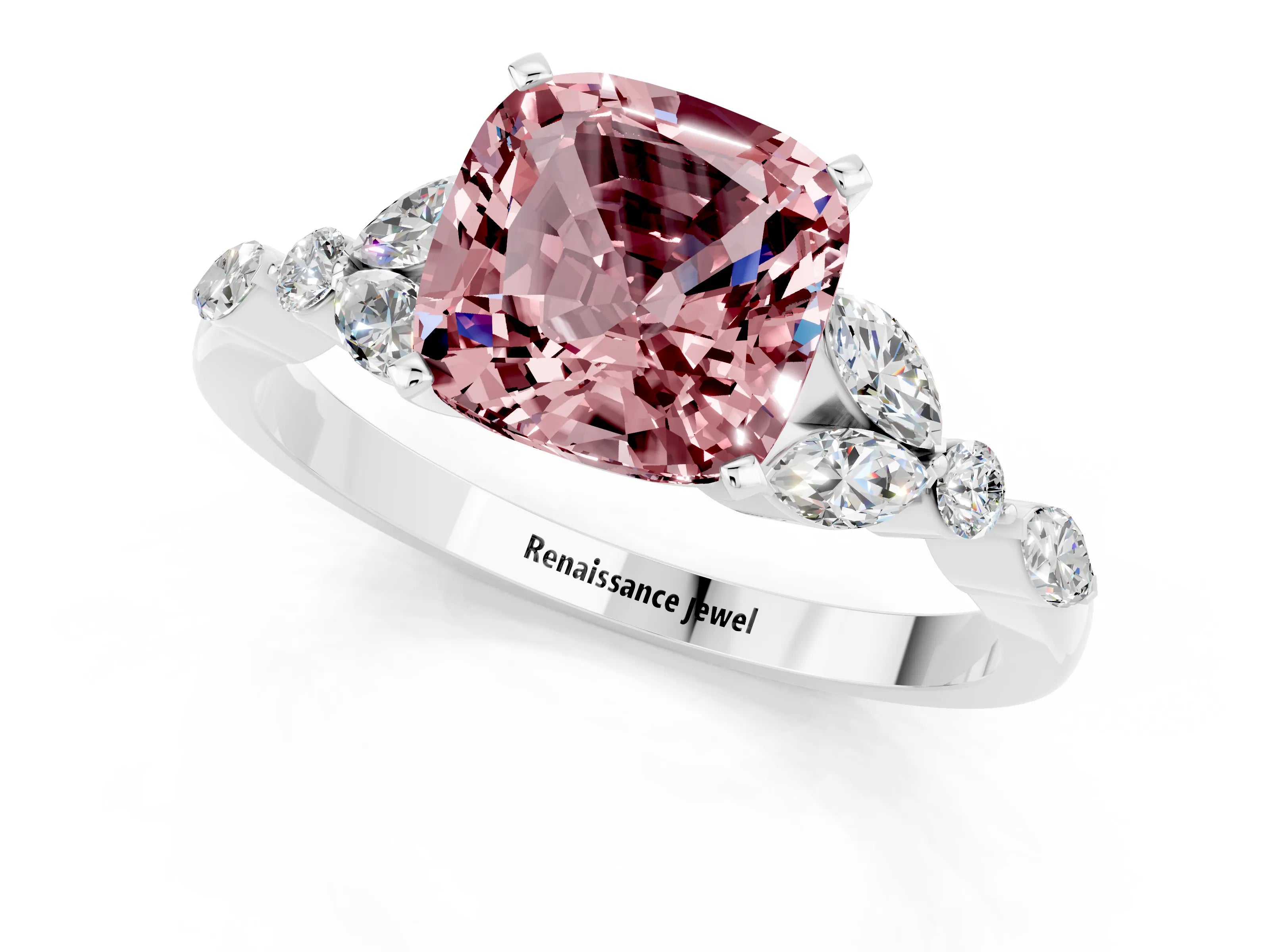 White gold Cushion Cut Morganite Solitaire Ring with Side Stones and Four-Prong Setting_25