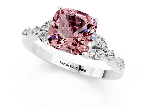 White gold Cushion Cut Morganite Solitaire Ring with Side Stones and Four-Prong Setting_25