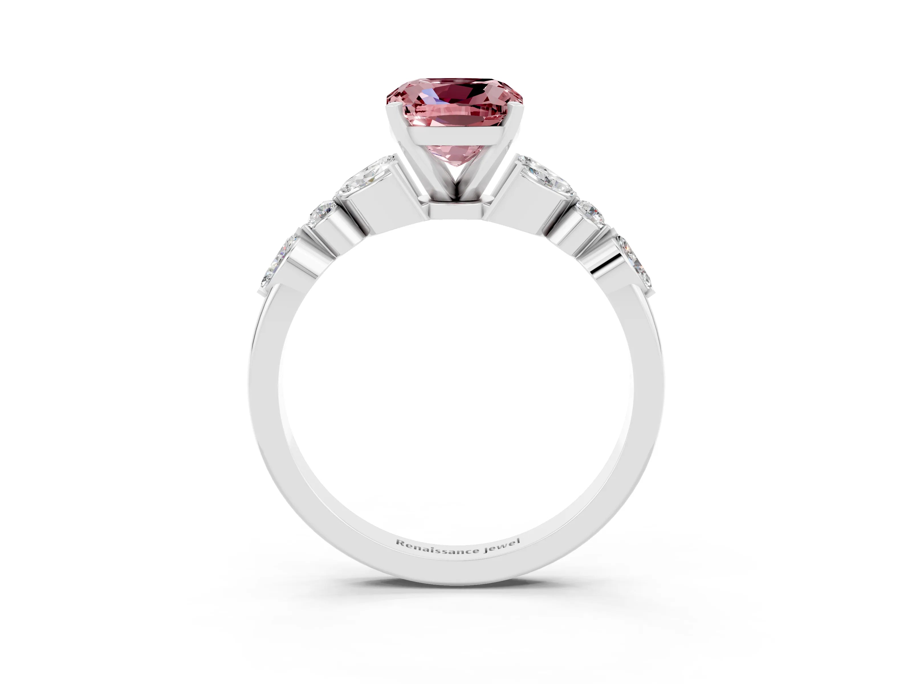 White gold Cushion Cut Morganite Solitaire Ring with Side Stones and Four-Prong Setting_27