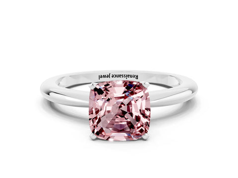 White gold Cushion Cut Morganite Solitaire Ring with Six-Prong Setting and Classic Band