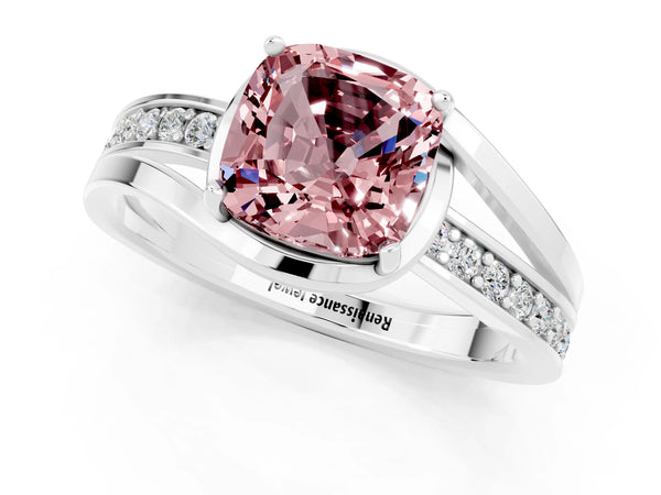 Platinum Cushion Cut Morganite Solitaire Ring with Split Shank and Prong Setting