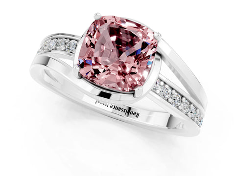 White gold Cushion Cut Morganite Solitaire Ring with Split Shank and Prong Setting_1