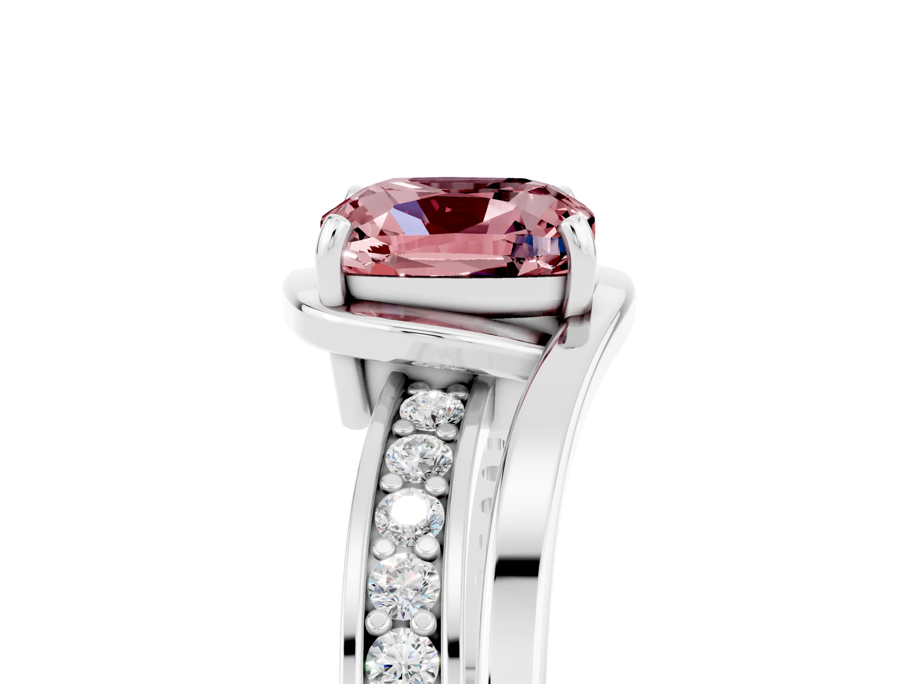 White gold Cushion Cut Morganite Solitaire Ring with Split Shank and Prong Setting_5