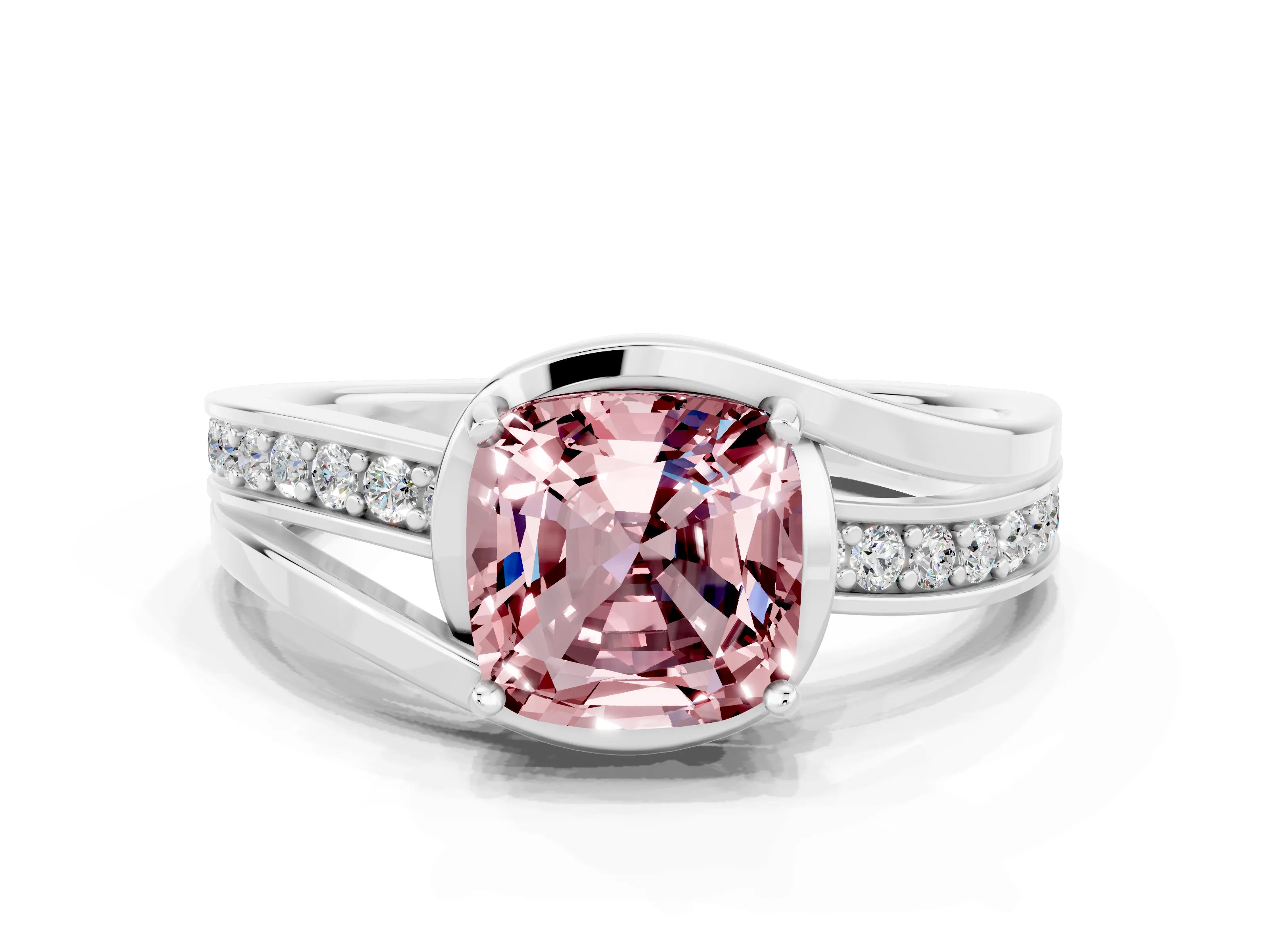 White gold Cushion Cut Morganite Solitaire Ring with Split Shank and Prong Setting