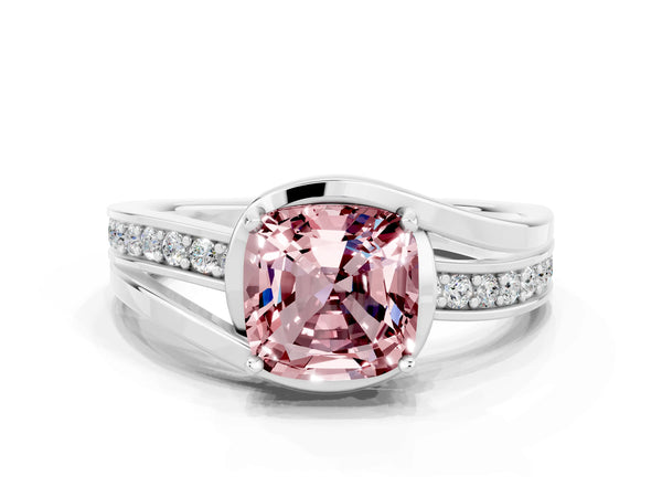White gold Cushion Cut Morganite Solitaire Ring with Split Shank and Prong Setting