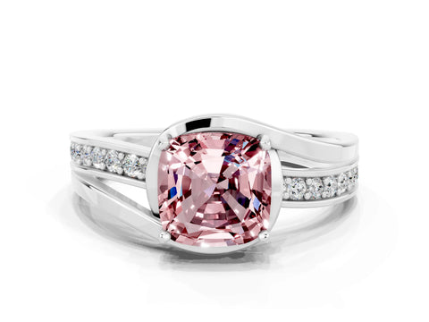 White gold Cushion Cut Morganite Solitaire Ring with Split Shank and Prong Setting