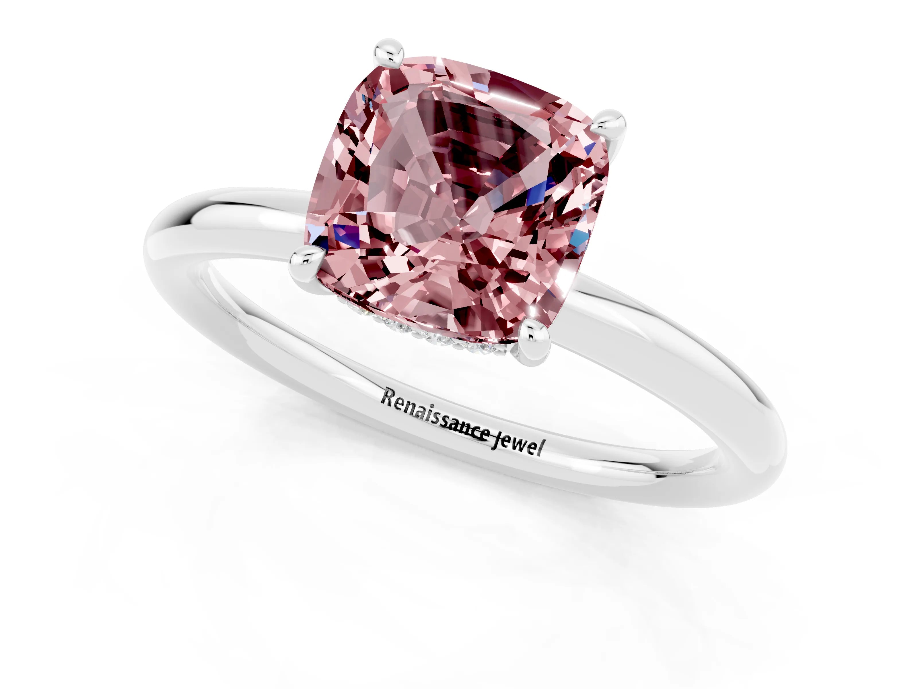White gold Cushion Cut Morganite Solitaire Ring with Thin Band and Four-Prong Setting_1