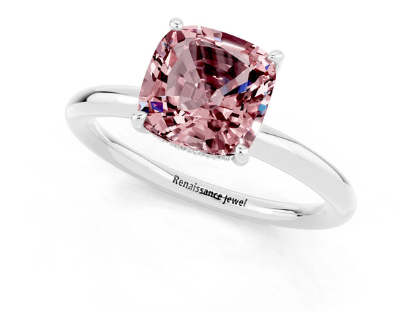 Silver Cushion Cut Morganite Solitaire Ring with Thin Band and Four-Prong Setting