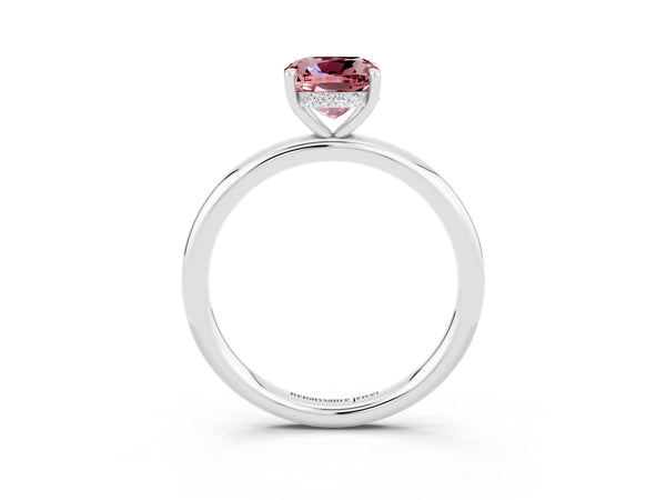 Platinum Cushion Cut Morganite Solitaire Ring with Thin Band and Four-Prong Setting