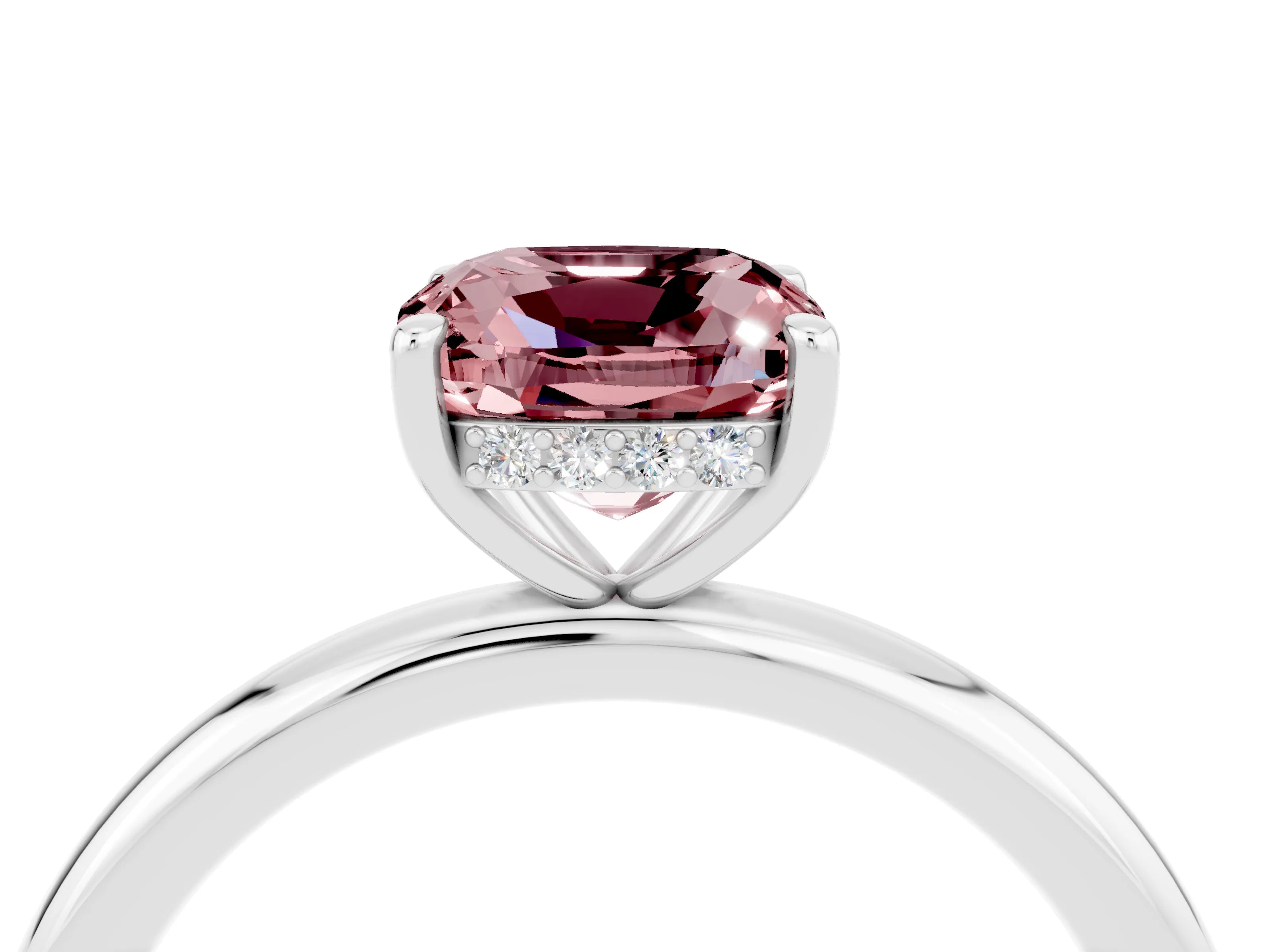 White gold Cushion Cut Morganite Solitaire Ring with Thin Band and Four-Prong Setting_4