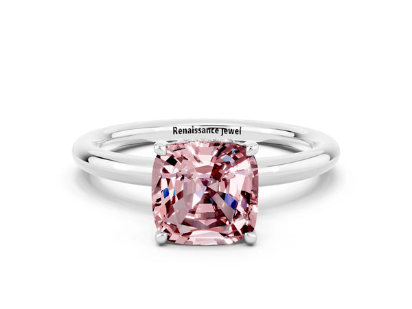 White gold Cushion Cut Morganite Solitaire Ring with Thin Band and Four-Prong Setting