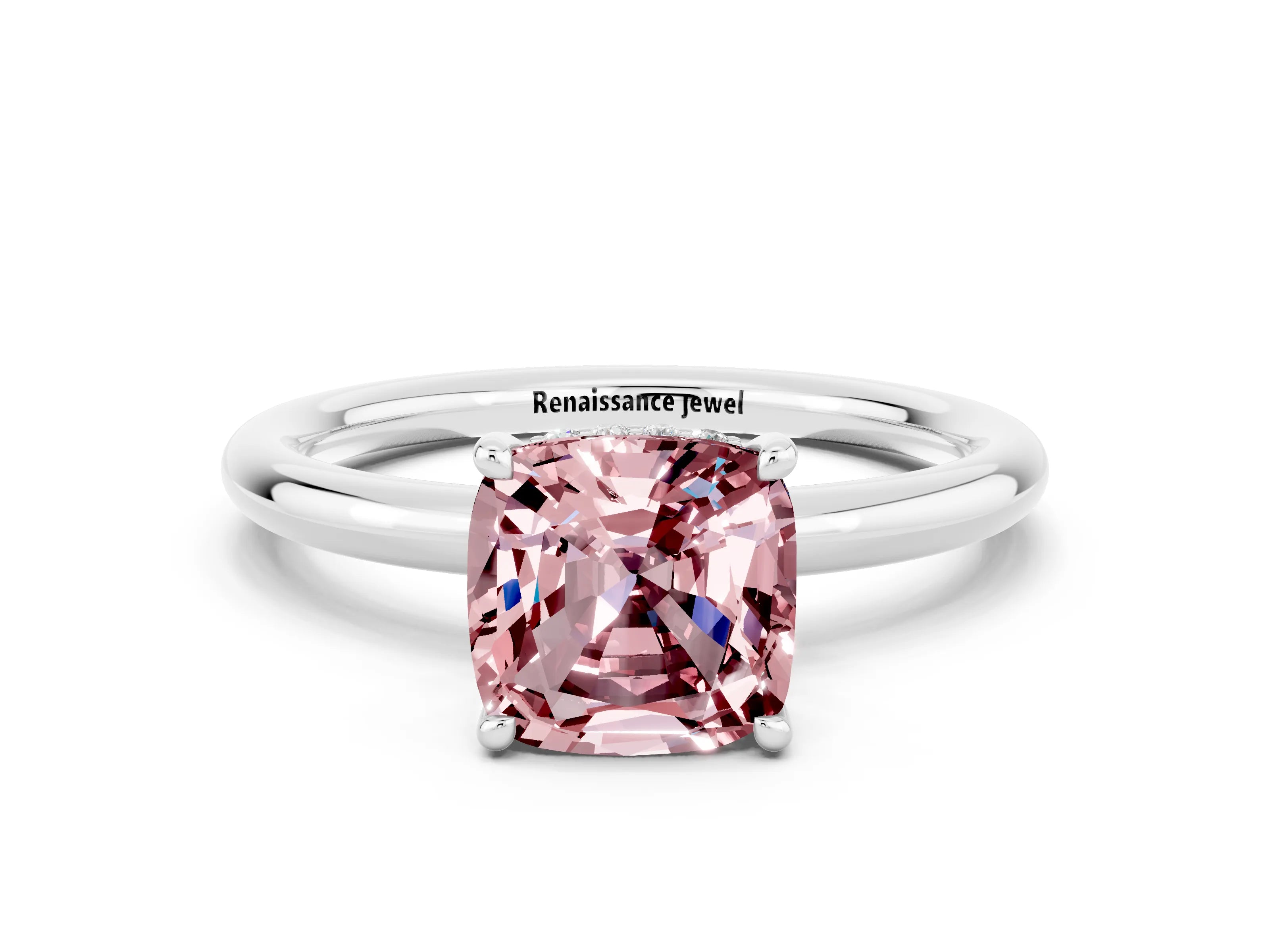 White gold Cushion Cut Morganite Solitaire Ring with Thin Band and Four-Prong Setting