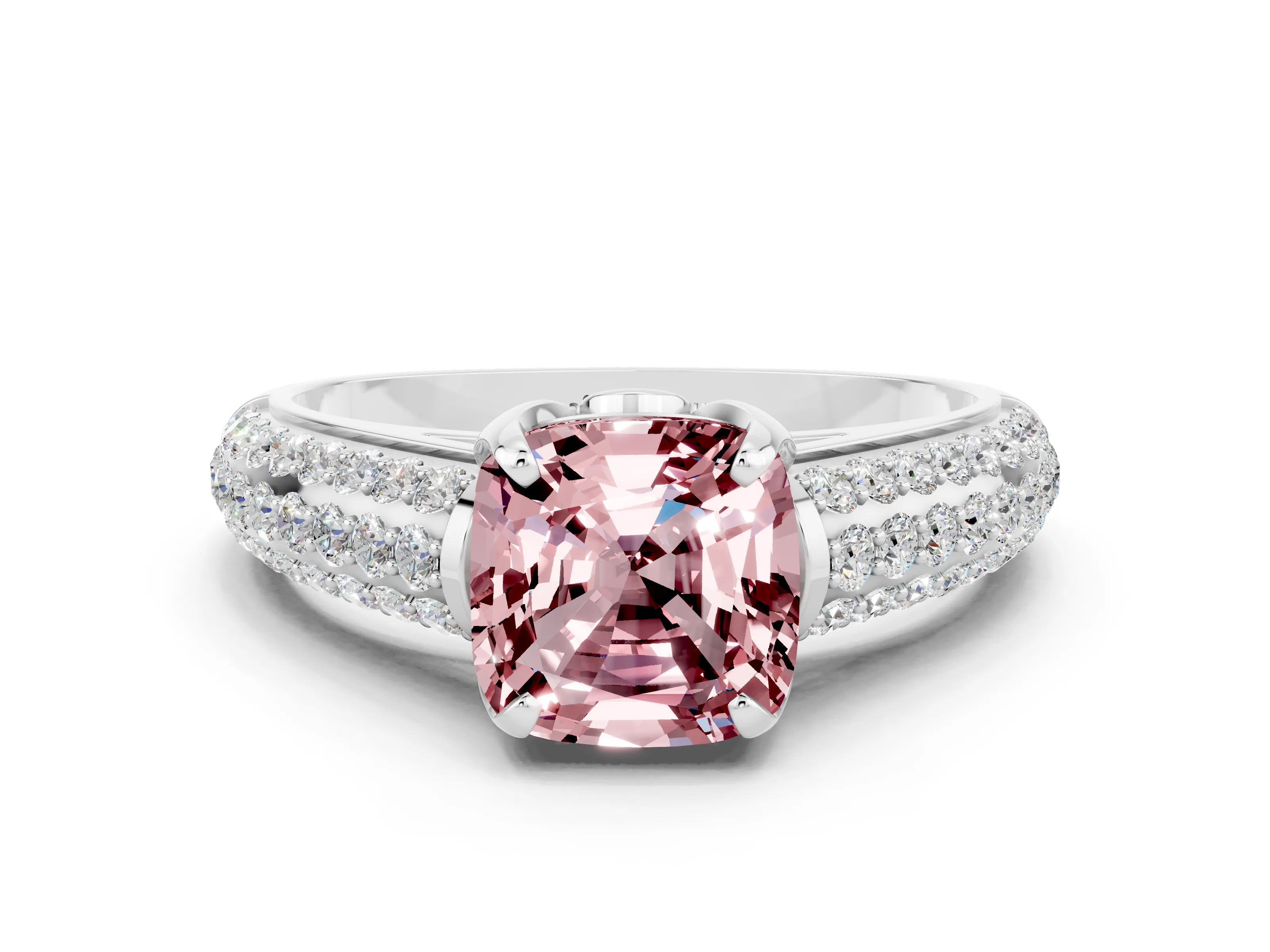 White gold Cushion Cut Morganite Solitaire Ring with Three-Row Pavé Band and Four-Prong Setting_12