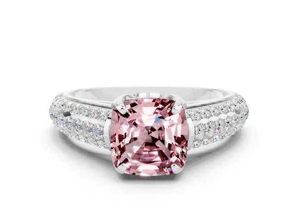 Silver Cushion Cut Morganite Solitaire Ring with Three-Row Pavé Band and Four-Prong Setting