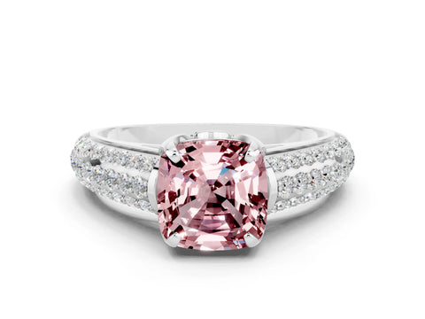 White gold Cushion Cut Morganite Solitaire Ring with Three-Row Pavé Band and Four-Prong Setting_12
