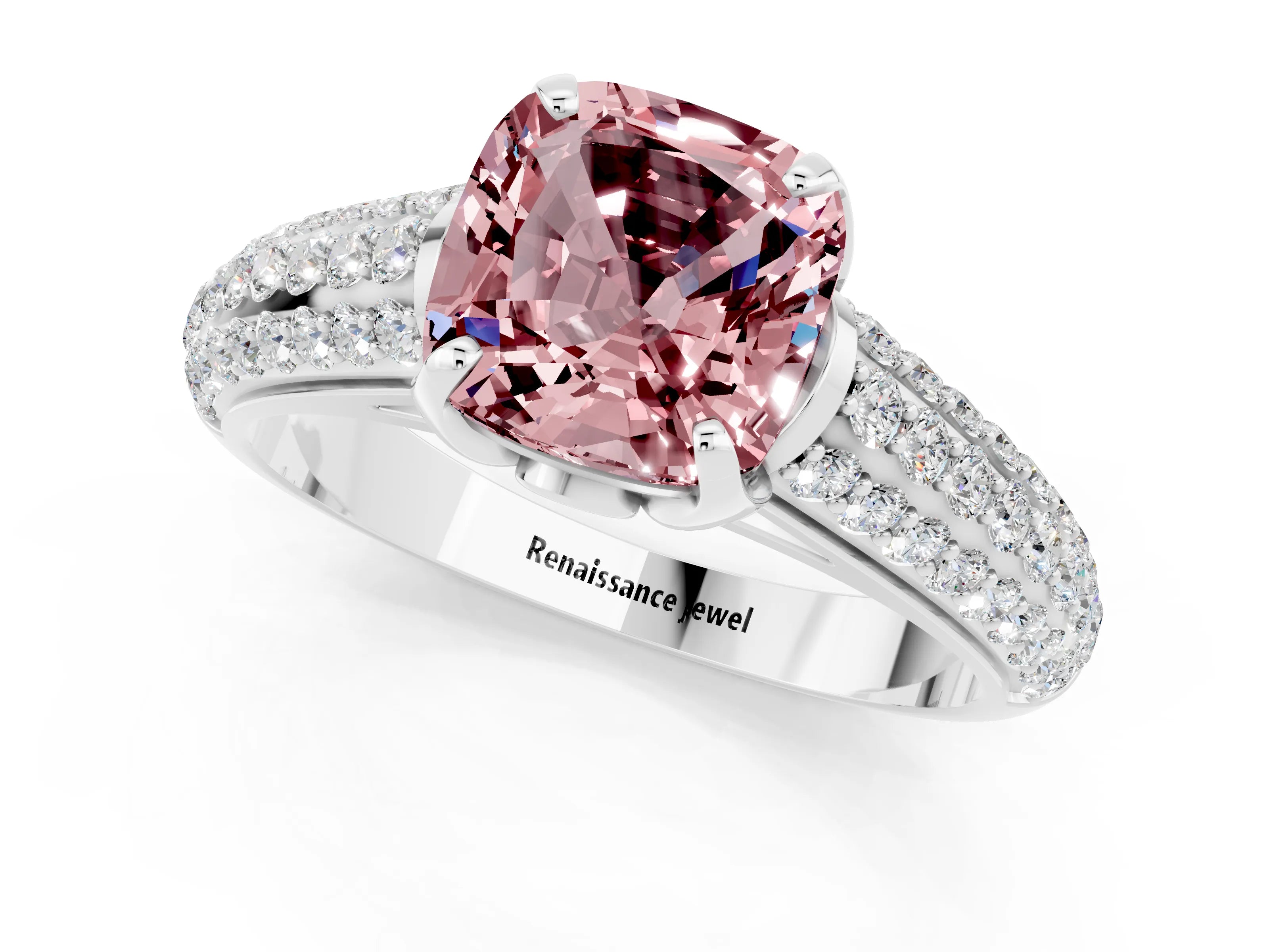 White gold Cushion Cut Morganite Solitaire Ring with Three-Row Pavé Band and Four-Prong Setting_13