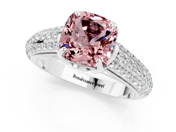 Silver Cushion Cut Morganite Solitaire Ring with Three-Row Pavé Band and Four-Prong Setting