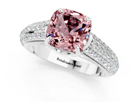 White gold Cushion Cut Morganite Solitaire Ring with Three-Row Pavé Band and Four-Prong Setting_13