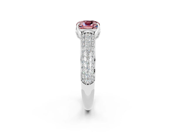 Platinum Cushion Cut Morganite Solitaire Ring with Three-Row Pavé Band and Four-Prong Setting
