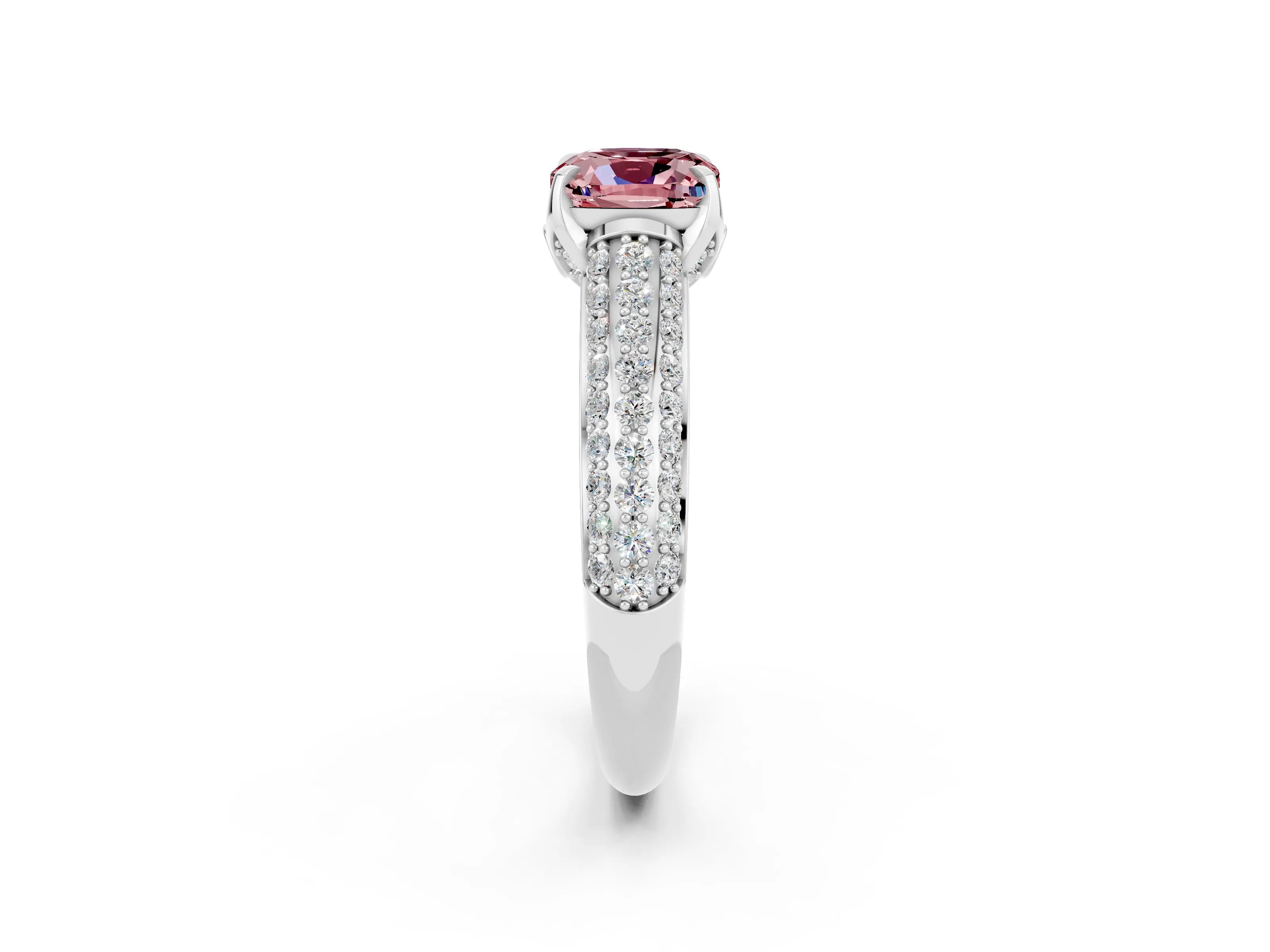 White gold Cushion Cut Morganite Solitaire Ring with Three-Row Pavé Band and Four-Prong Setting_14