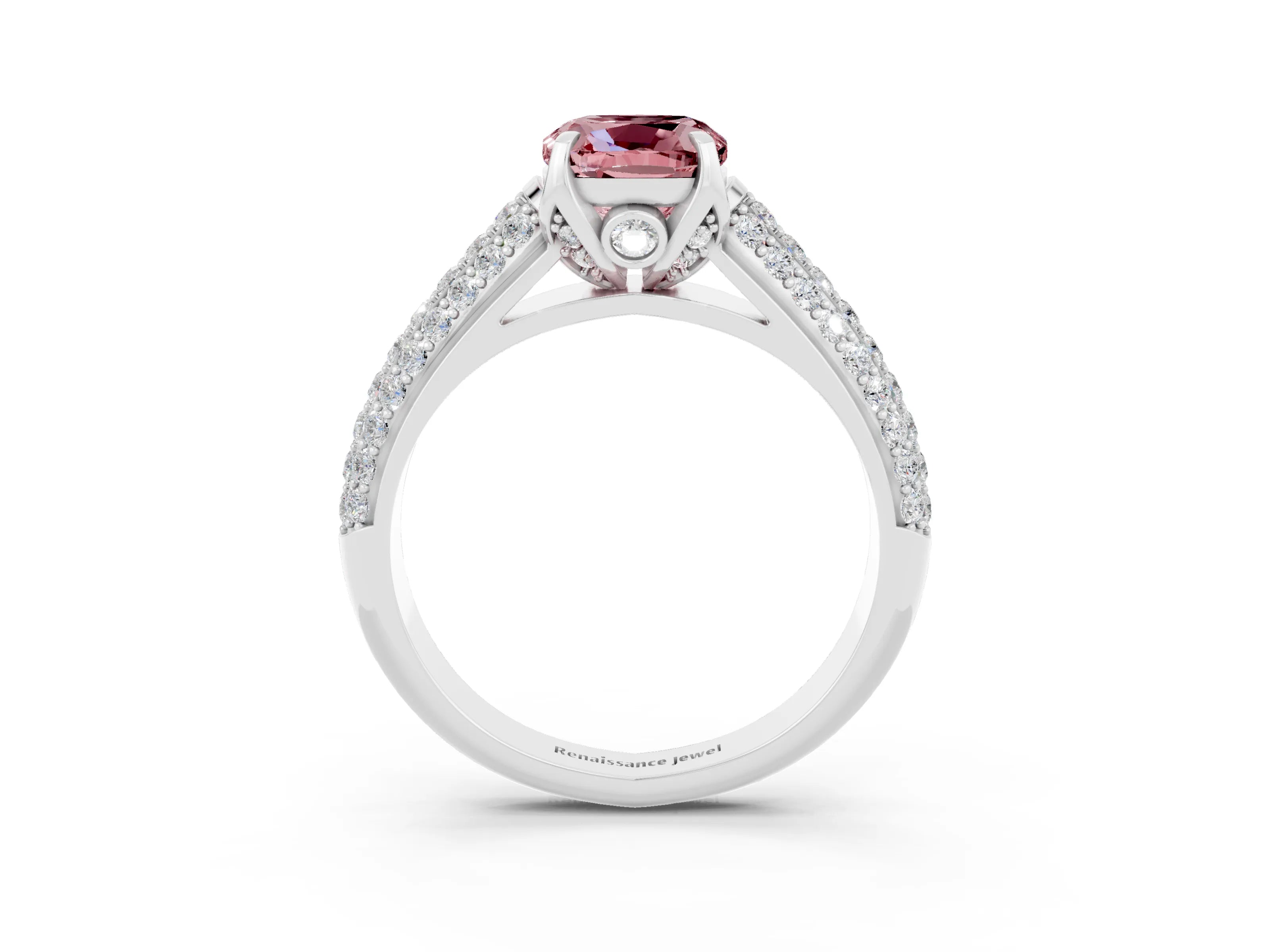 White gold Cushion Cut Morganite Solitaire Ring with Three-Row Pavé Band and Four-Prong Setting_15