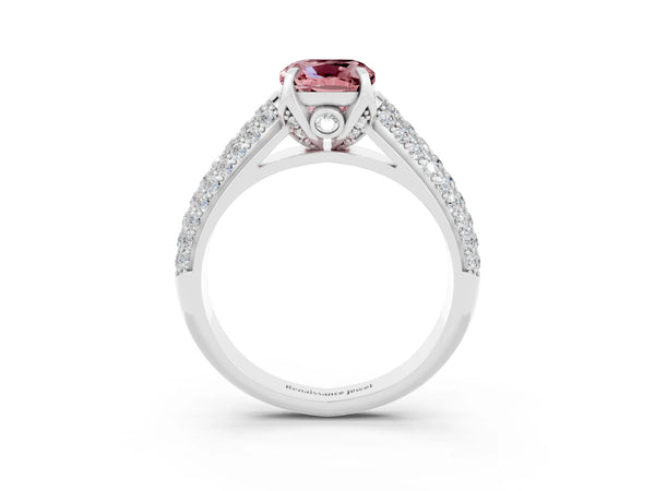 Silver Cushion Cut Morganite Solitaire Ring with Three-Row Pavé Band and Four-Prong Setting