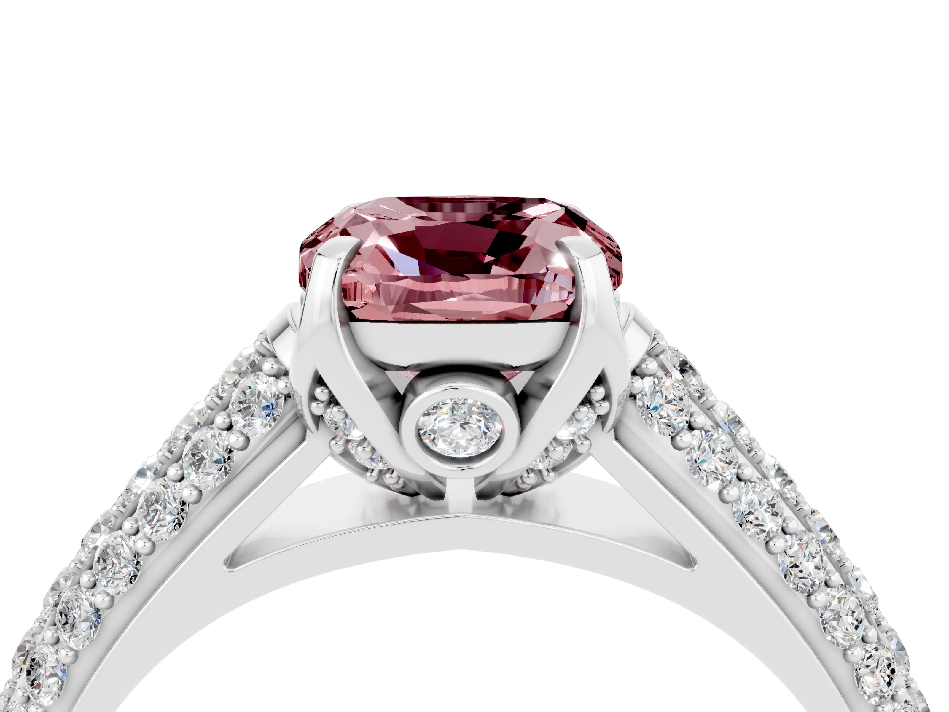White gold Cushion Cut Morganite Solitaire Ring with Three-Row Pavé Band and Four-Prong Setting_16