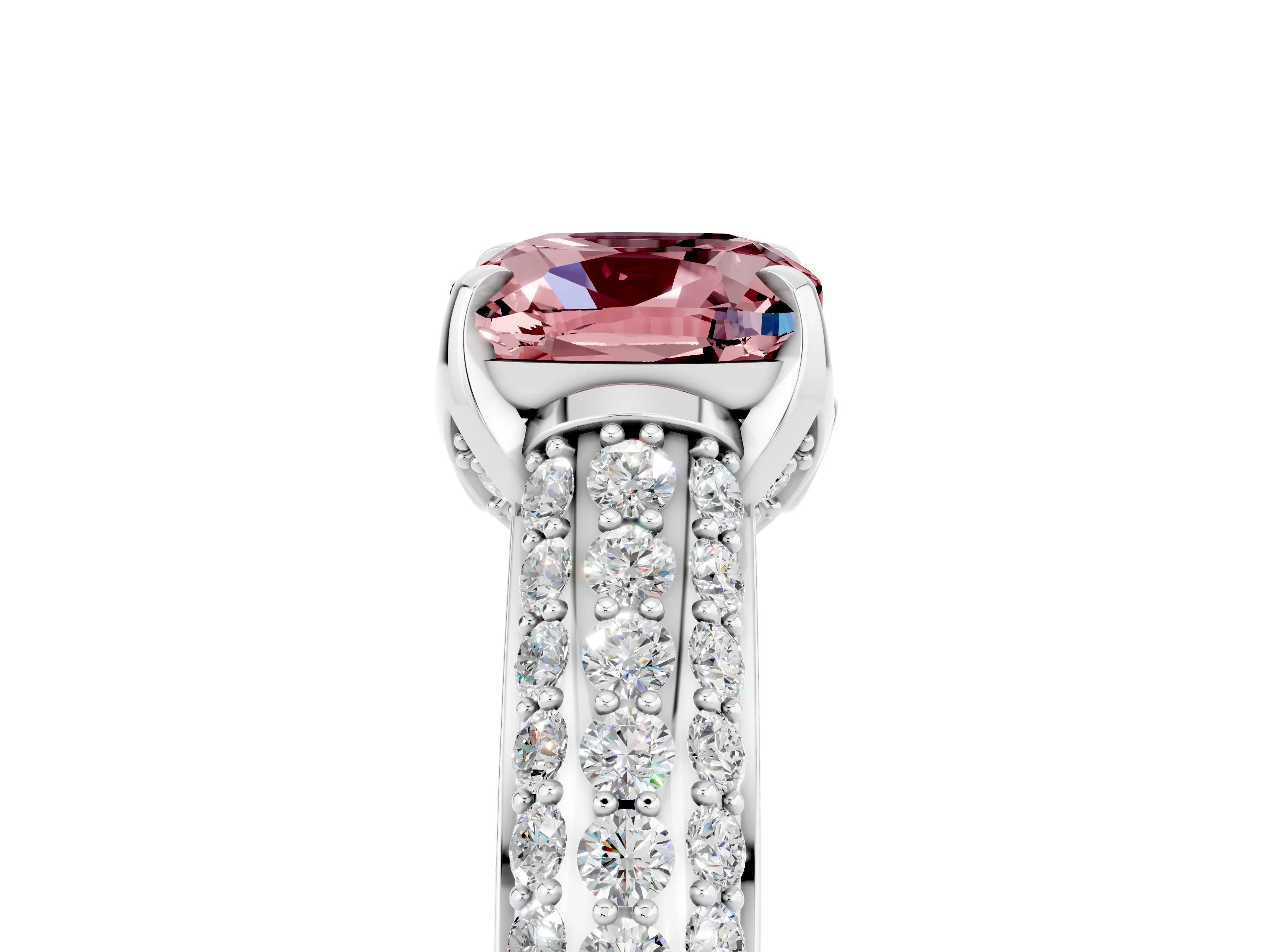 White gold Cushion Cut Morganite Solitaire Ring with Three-Row Pavé Band and Four-Prong Setting_17