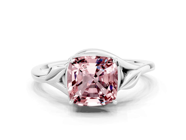 Platinum Cushion Cut Morganite Solitaire Ring with Twist Band and Four-Prong Setting