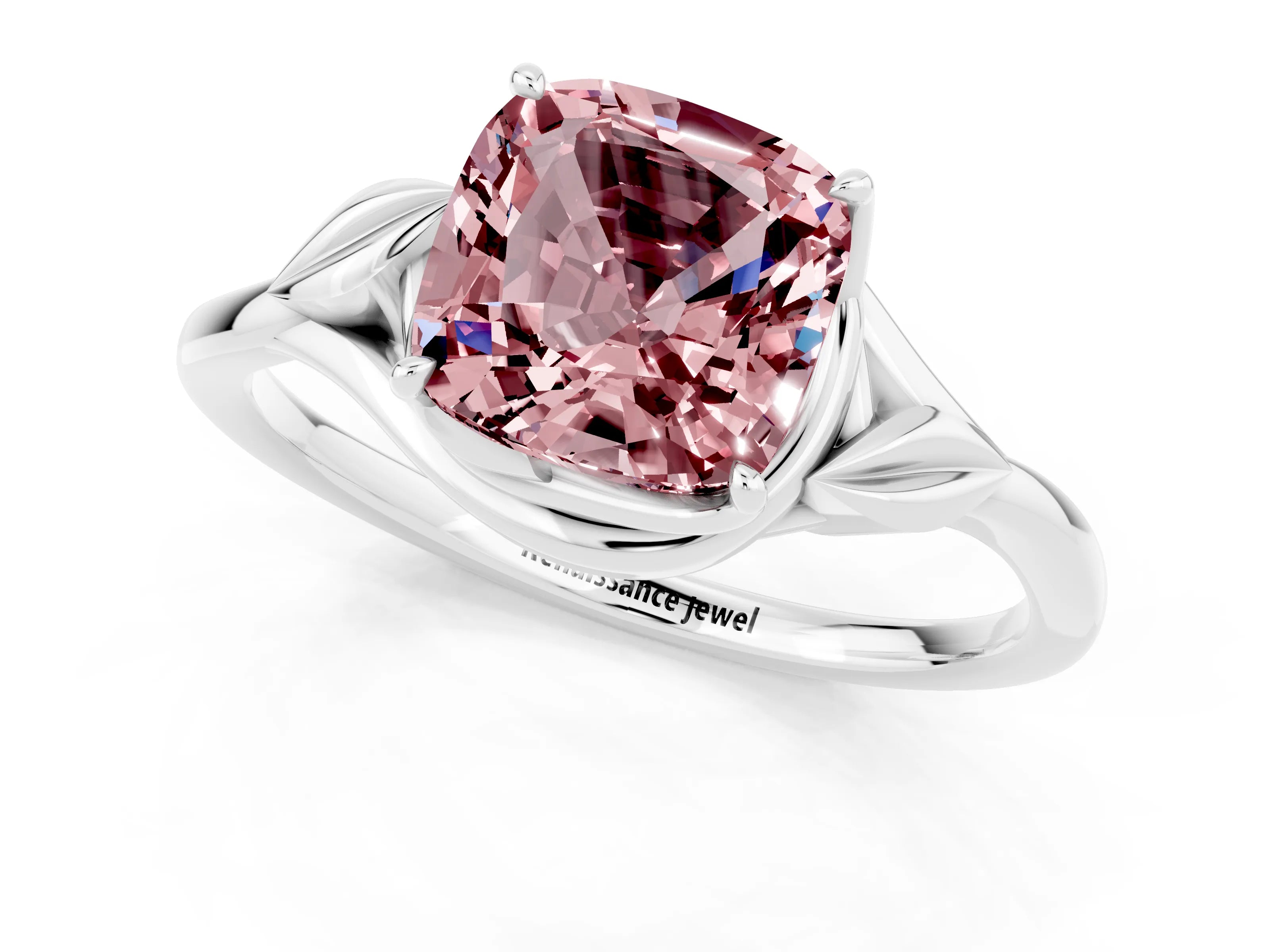 White gold Cushion Cut Morganite Solitaire Ring with Twist Band and Four-Prong Setting_13