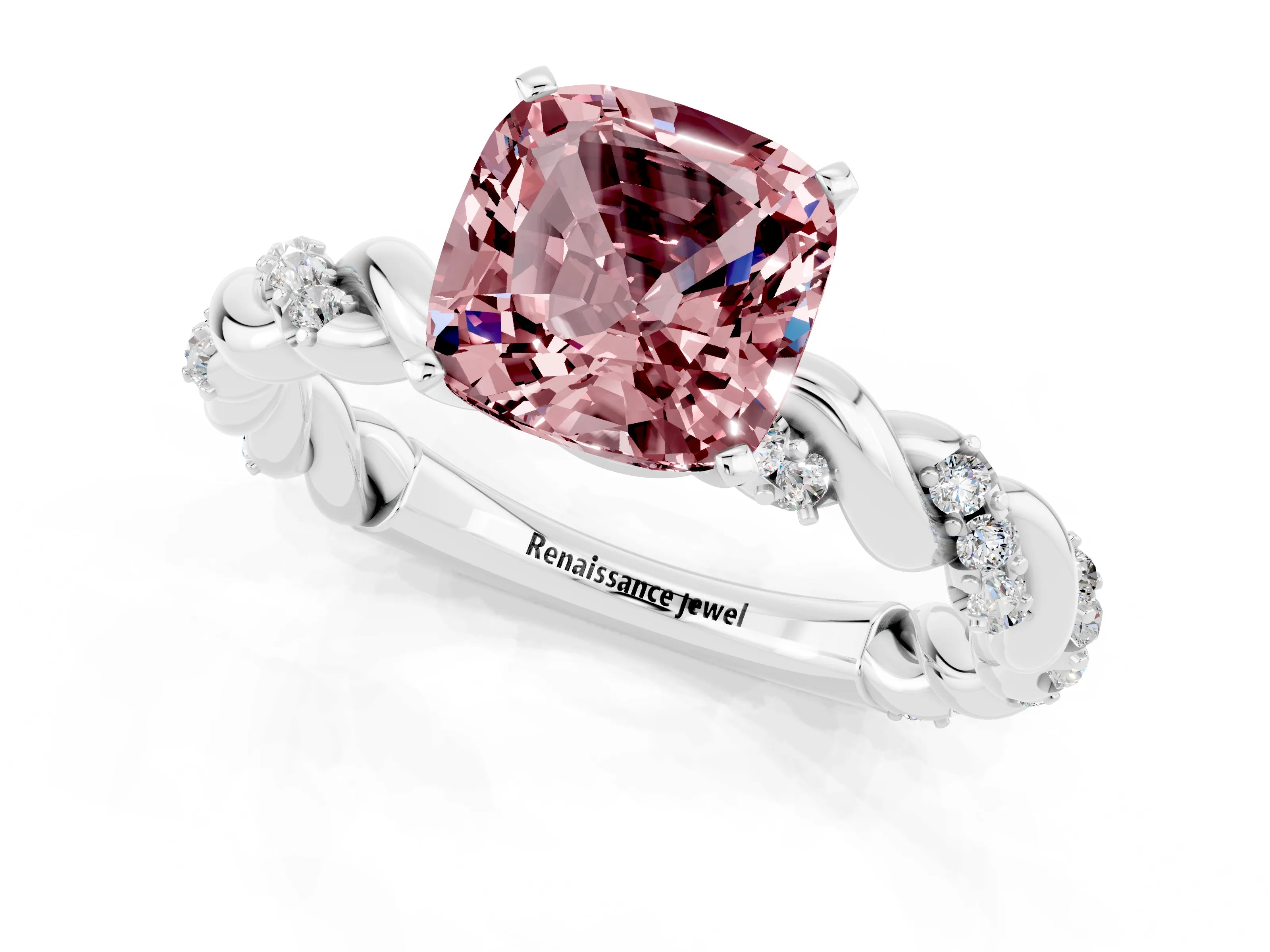 White gold Cushion Cut Morganite Solitaire Ring with Twisted Band and Pavé Accents_1
