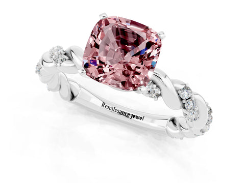White gold Cushion Cut Morganite Solitaire Ring with Twisted Band and Pavé Accents_1