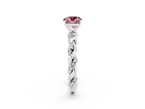 White gold Cushion Cut Morganite Solitaire Ring with Twisted Band and Pavé Accents_2