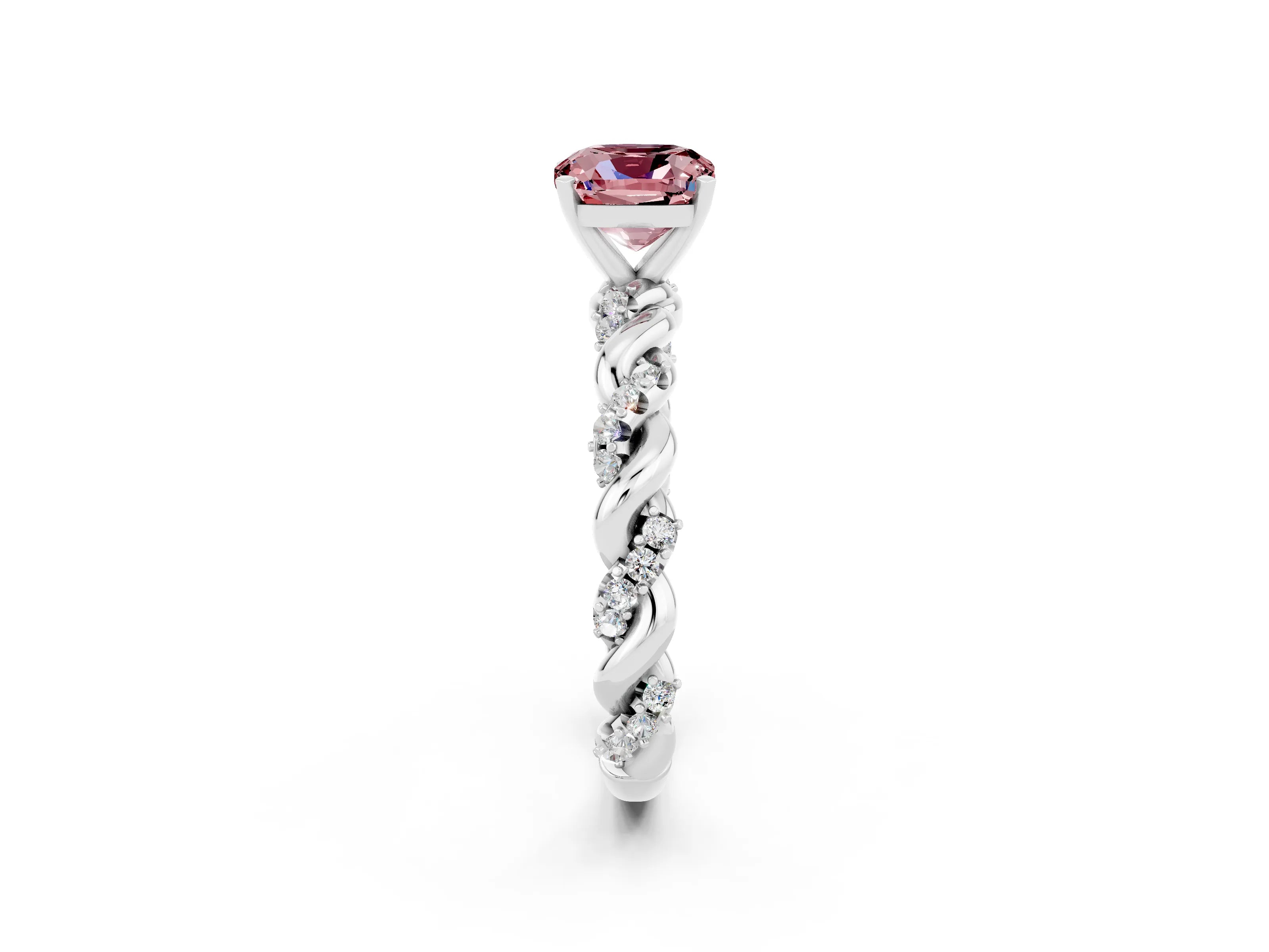 White gold Cushion Cut Morganite Solitaire Ring with Twisted Band and Pavé Accents_2