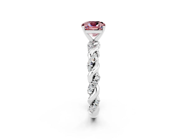 White gold Cushion Cut Morganite Solitaire Ring with Twisted Band and Pavé Accents
