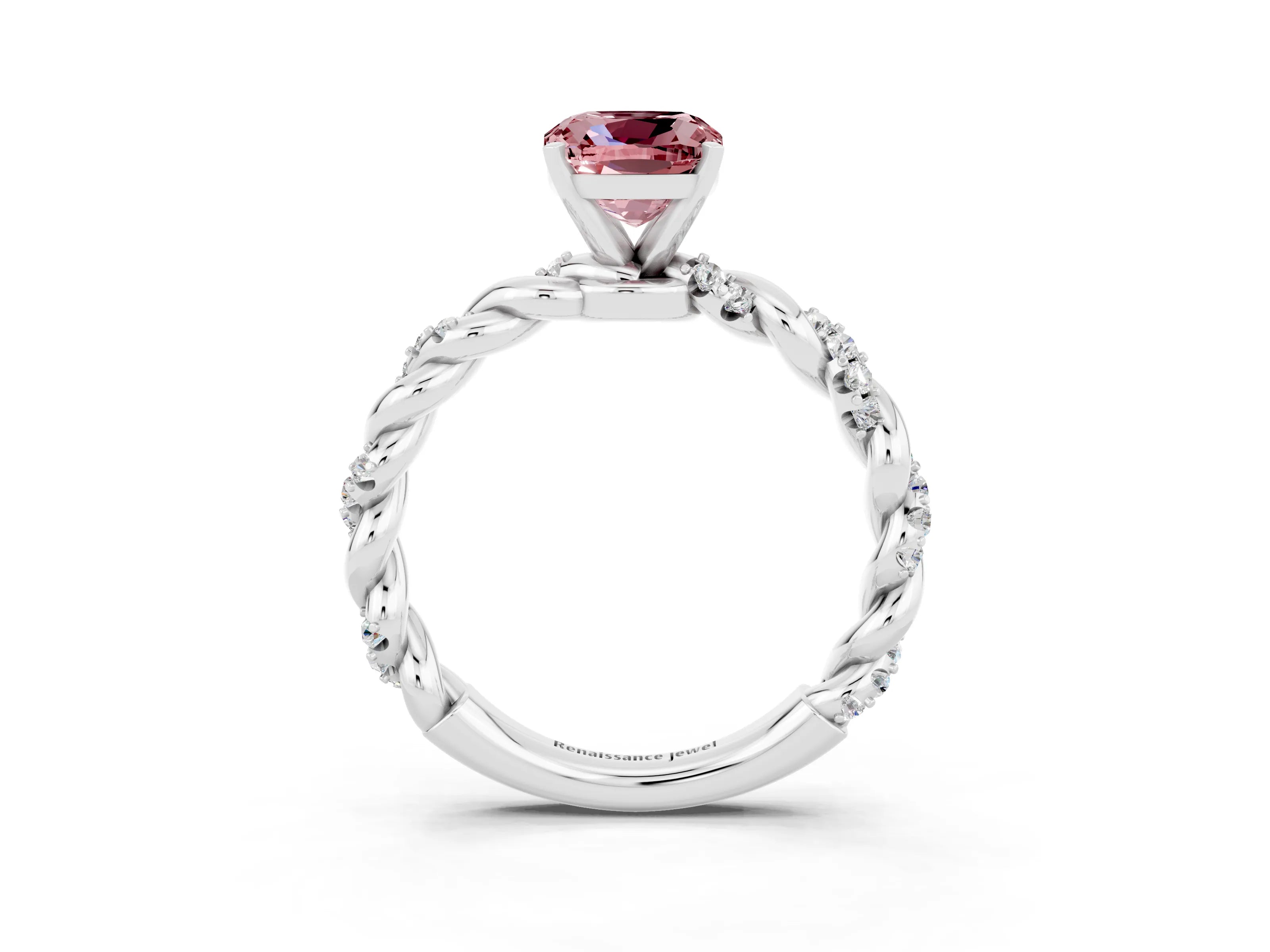 White gold Cushion Cut Morganite Solitaire Ring with Twisted Band and Pavé Accents_3