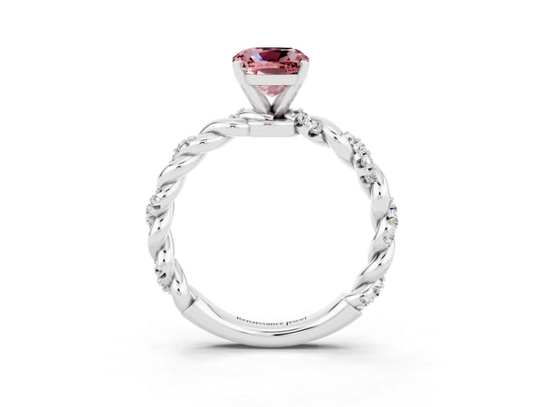 Platinum Cushion Cut Morganite Solitaire Ring with Twisted Band and Pavé Accents