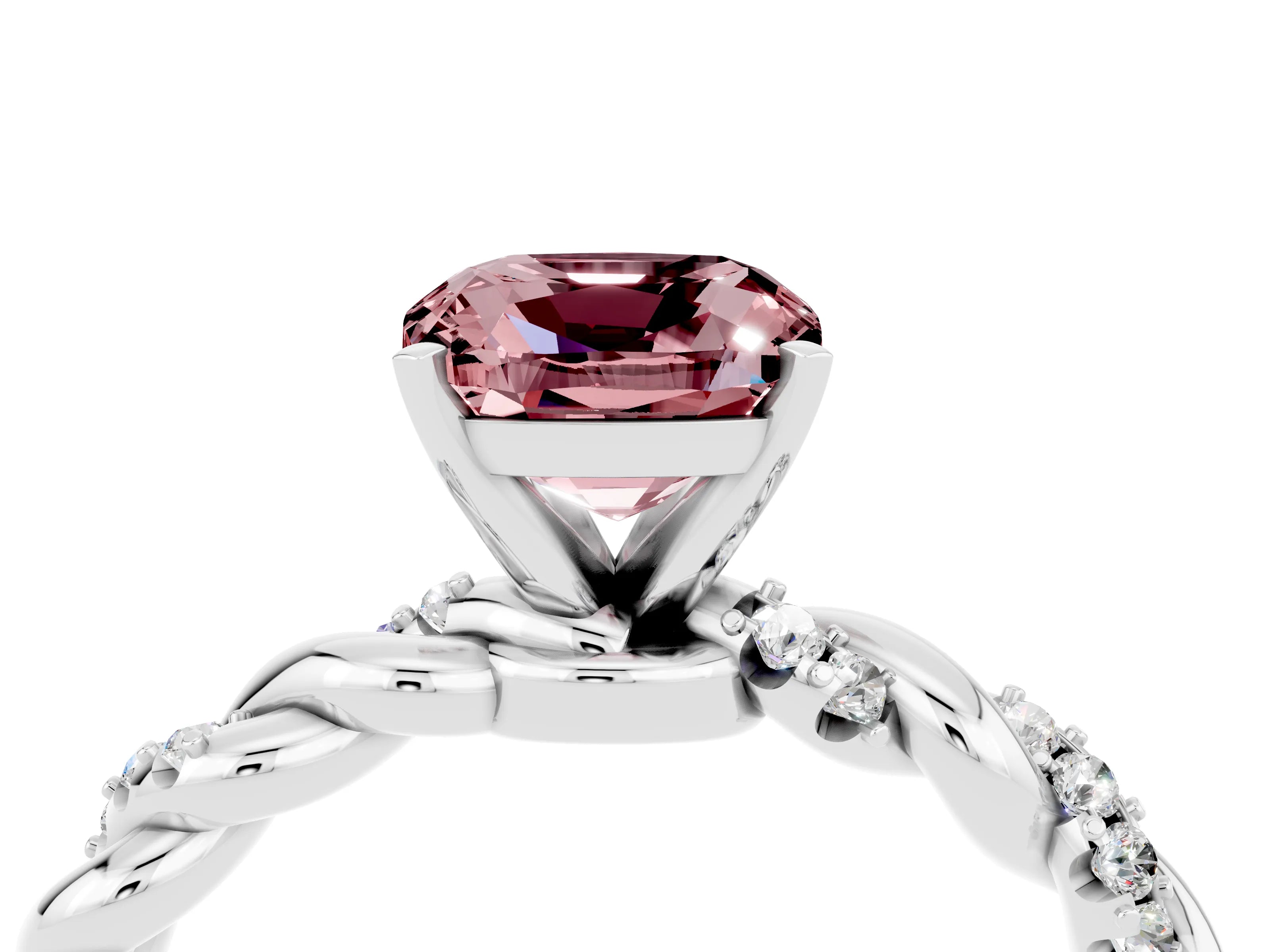 White gold Cushion Cut Morganite Solitaire Ring with Twisted Band and Pavé Accents_4