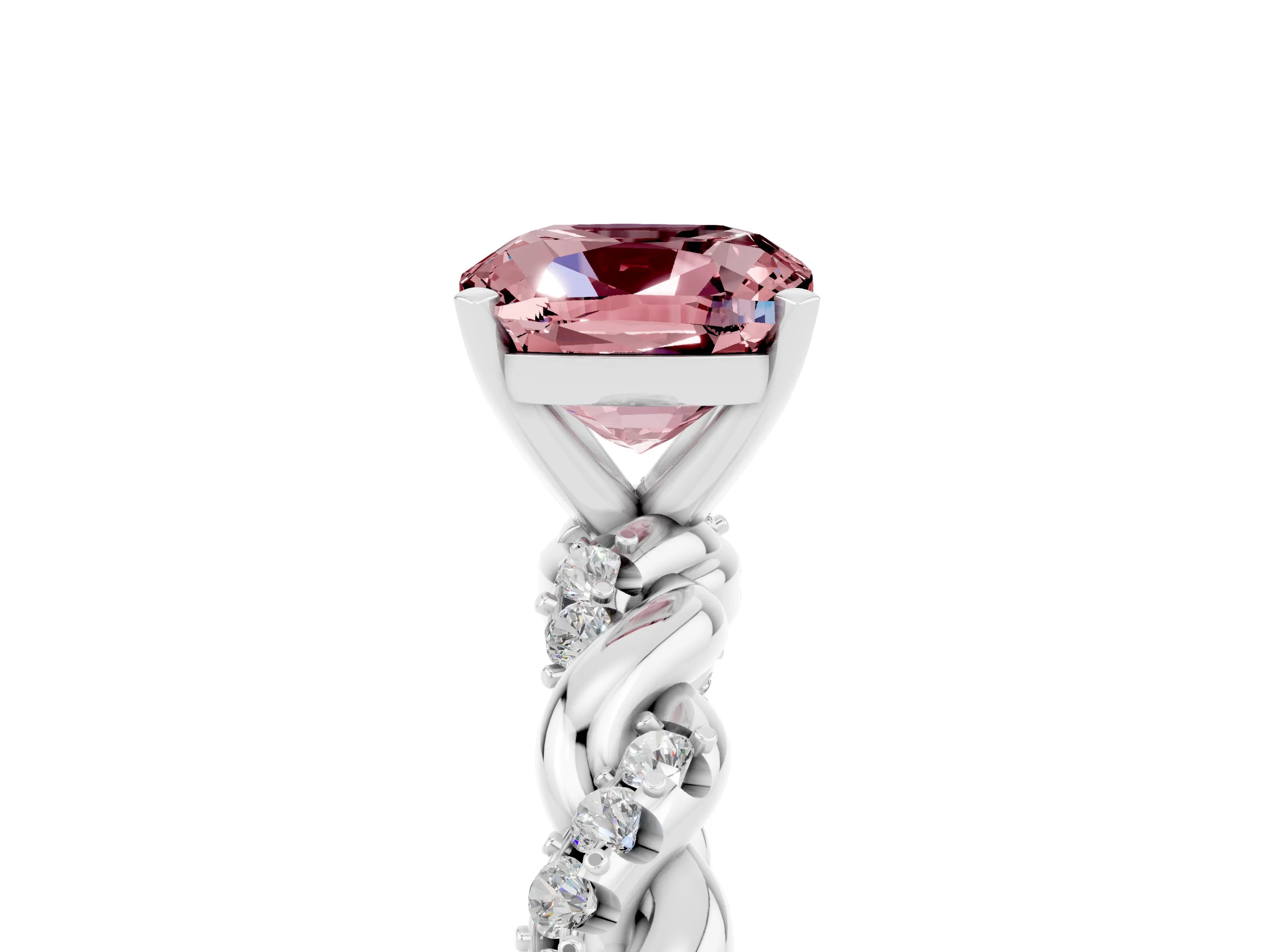 White gold Cushion Cut Morganite Solitaire Ring with Twisted Band and Pavé Accents_5