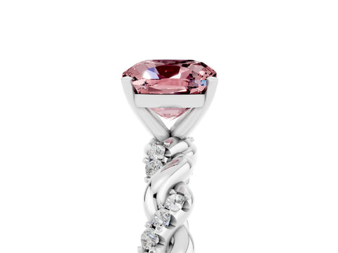White gold Cushion Cut Morganite Solitaire Ring with Twisted Band and Pavé Accents_5