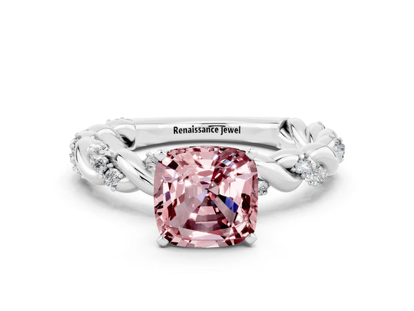 Silver Cushion Cut Morganite Solitaire Ring with Twisted Band and Pavé Accents