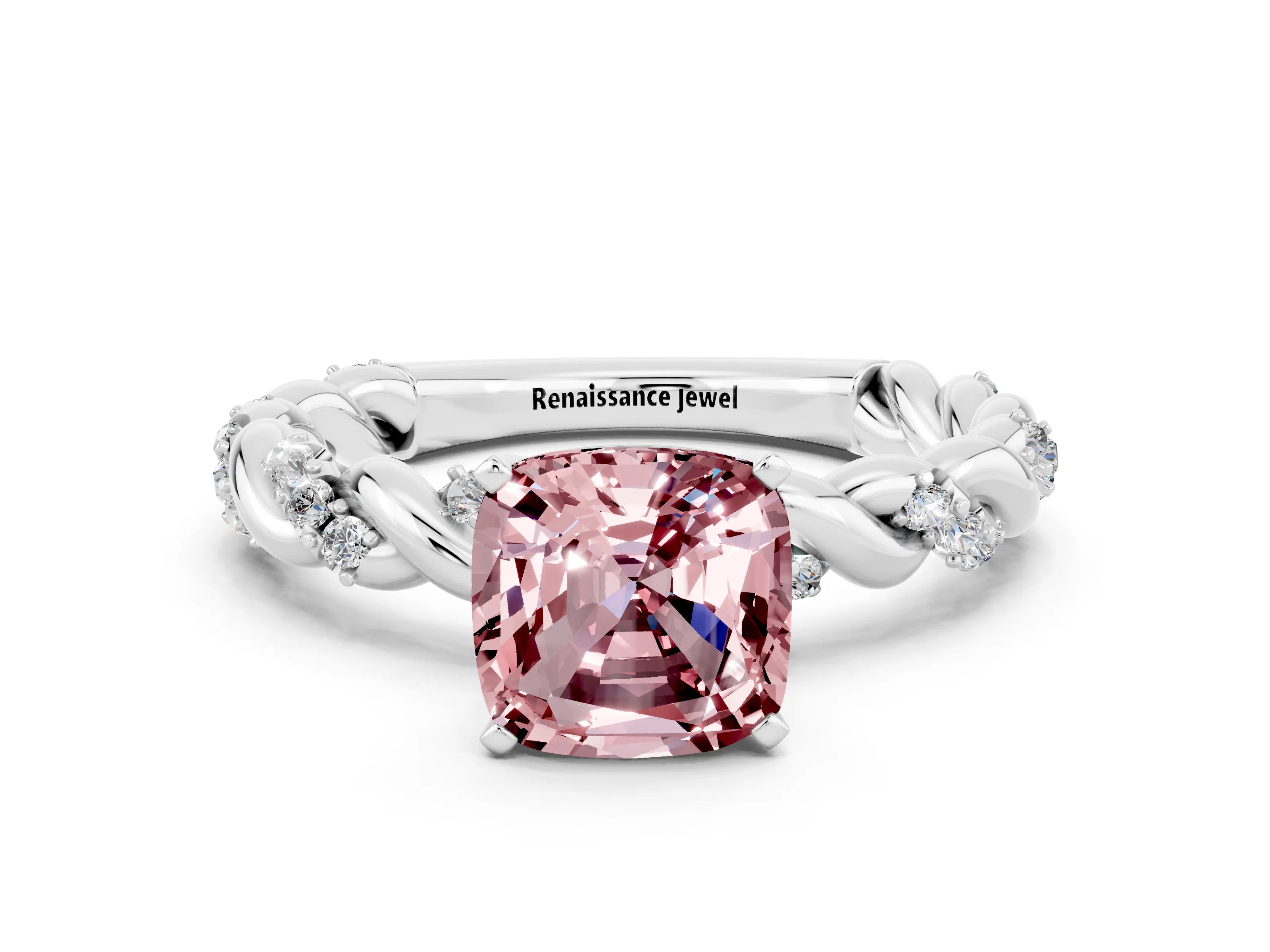 White gold Cushion Cut Morganite Solitaire Ring with Twisted Band and Pavé Accents